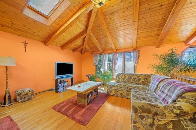 living room with hardwood / wood-style floors, lofted ceiling with skylight, and wooden ceiling