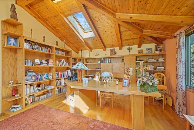 home office with light hardwood / wood-style flooring, lofted ceiling with beams, and wood ceiling