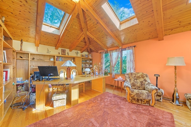 office space with beamed ceiling, light hardwood / wood-style floors, and wooden ceiling