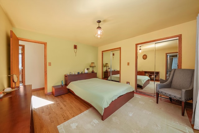 bedroom with wood-type flooring and multiple closets