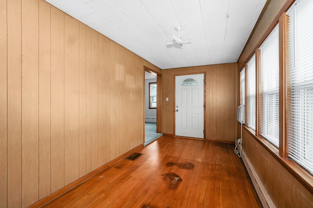 foyer with wooden walls, a healthy amount of sunlight, and dark hardwood / wood-style flooring