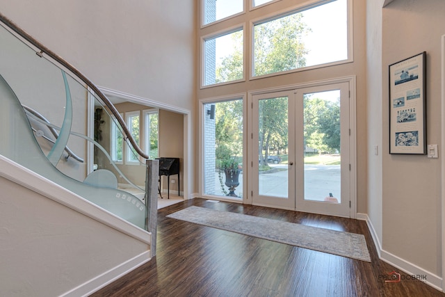 doorway featuring a towering ceiling and dark wood-type flooring