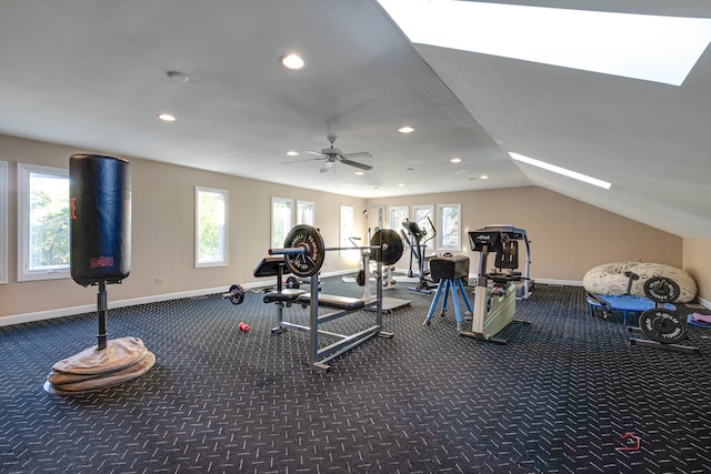 exercise room with carpet, ceiling fan, and vaulted ceiling