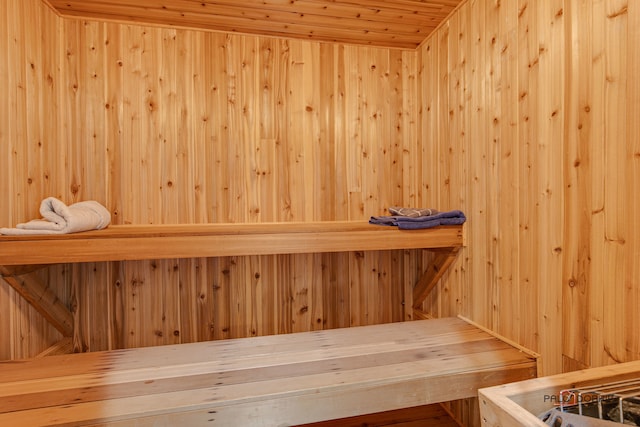 view of sauna with wood walls