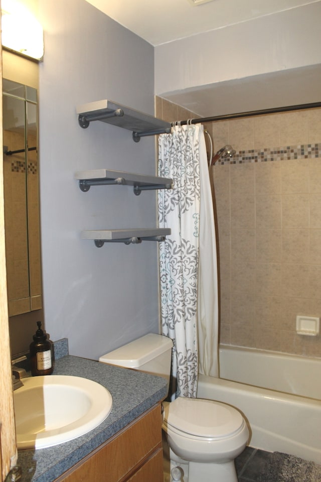 full bathroom with vanity, toilet, and shower / bathtub combination with curtain