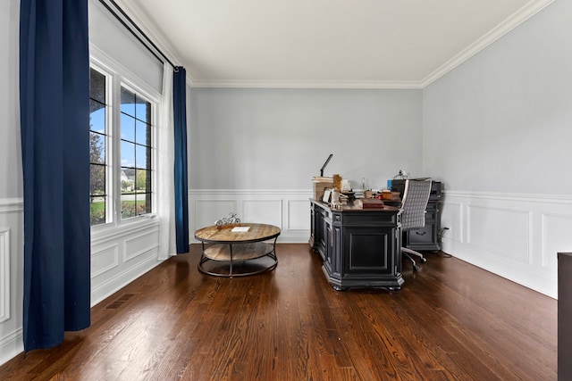 office featuring dark wood-type flooring and crown molding