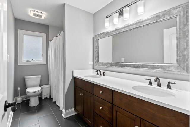 bathroom with vanity, toilet, and tile patterned floors