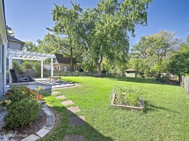 view of yard with a storage unit, a patio area, and a pergola