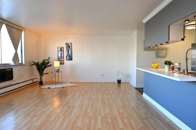 interior space featuring sink, a baseboard radiator, light hardwood / wood-style floors, and crown molding