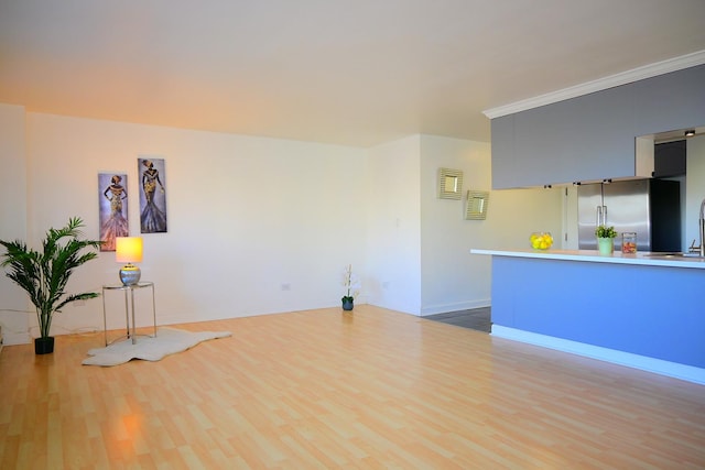 interior space featuring sink, hardwood / wood-style floors, and ornamental molding