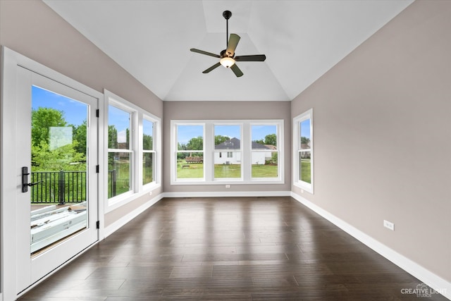 unfurnished sunroom featuring lofted ceiling and ceiling fan