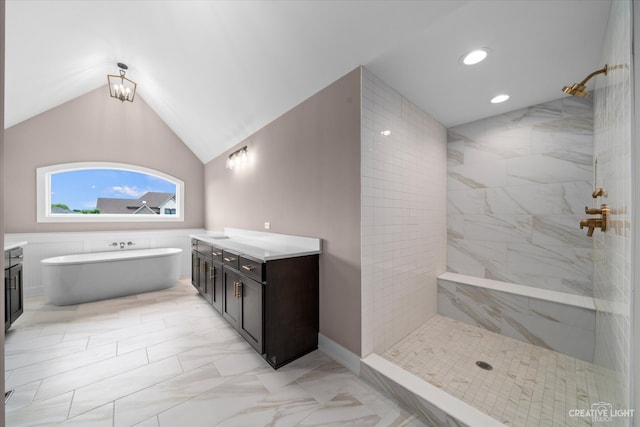 bathroom with vanity, plus walk in shower, and lofted ceiling