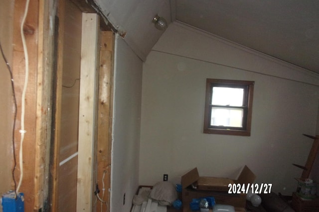 bathroom featuring lofted ceiling