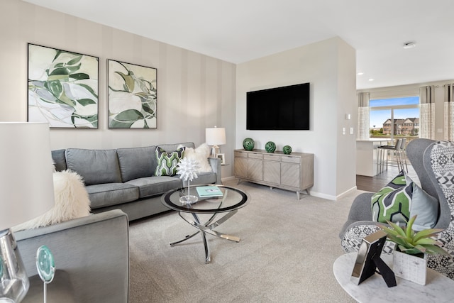 living room with light colored carpet