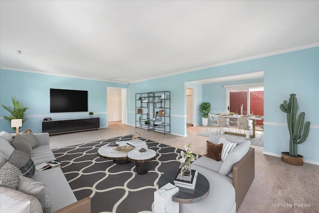 living room featuring ornamental molding and carpet