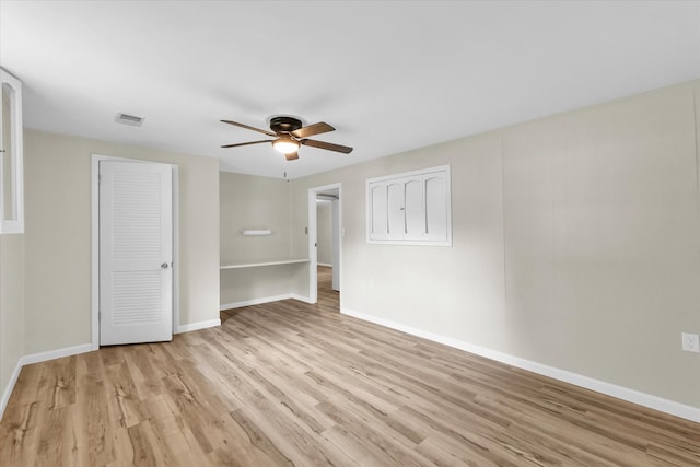 unfurnished bedroom featuring light hardwood / wood-style floors and ceiling fan