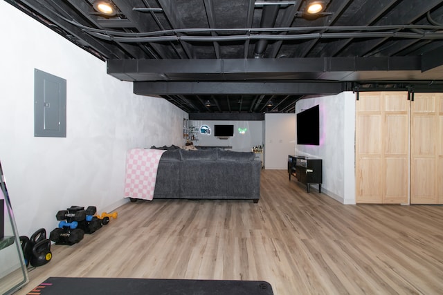 basement featuring wood-type flooring and electric panel