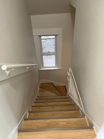 stairs featuring hardwood / wood-style floors