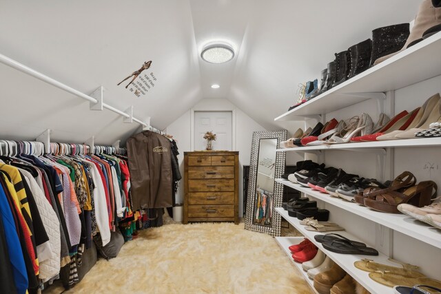 walk in closet featuring vaulted ceiling and carpet