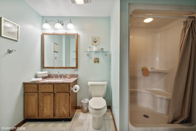 bathroom featuring tile patterned flooring, toilet, and vanity