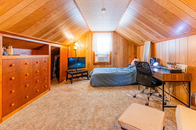 carpeted bedroom with cooling unit, lofted ceiling, wood walls, and wooden ceiling