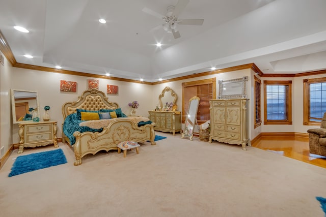 bedroom with ceiling fan, light colored carpet, and ornamental molding