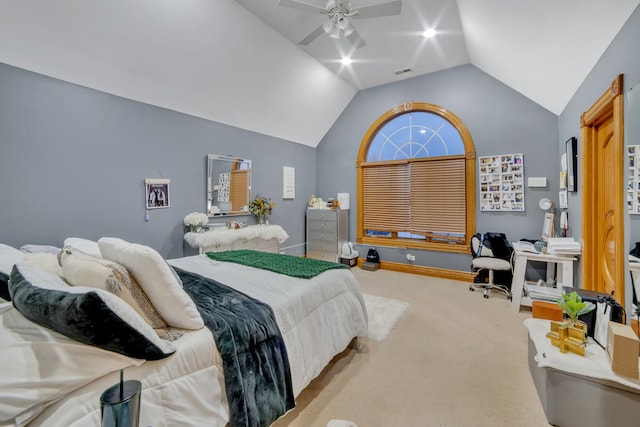 bedroom featuring carpet, lofted ceiling, and ceiling fan