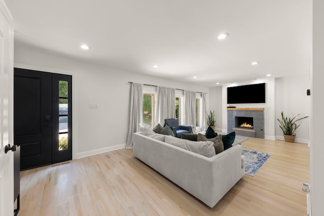 living room with a fireplace and light hardwood / wood-style flooring