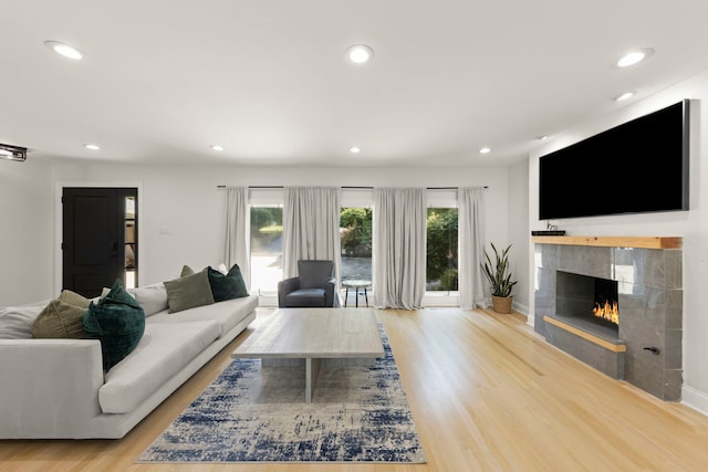 living room with light hardwood / wood-style floors and a tiled fireplace