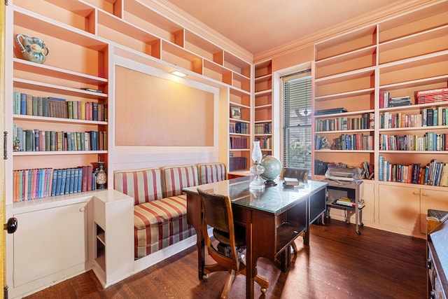 office with ornamental molding and dark hardwood / wood-style flooring