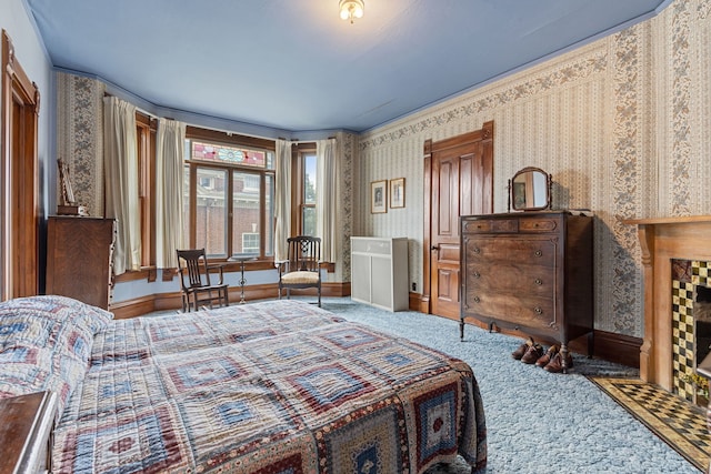 carpeted bedroom featuring ornamental molding