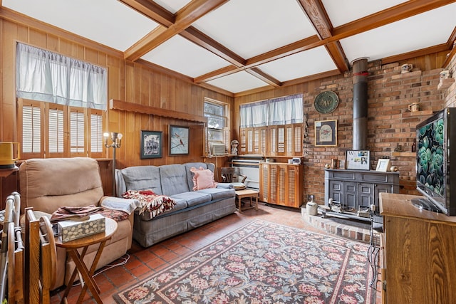 tiled living room featuring coffered ceiling, beamed ceiling, and wood walls