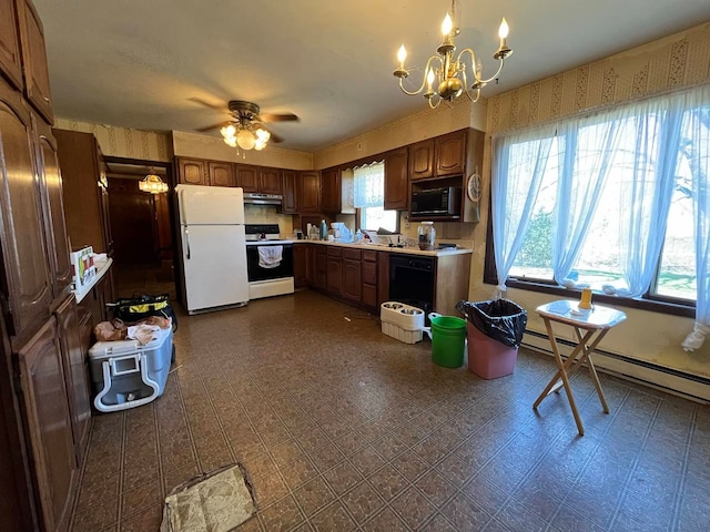 kitchen featuring a healthy amount of sunlight, white appliances, ceiling fan with notable chandelier, and baseboard heating