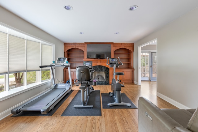 workout room with light hardwood / wood-style floors, a fireplace, and plenty of natural light