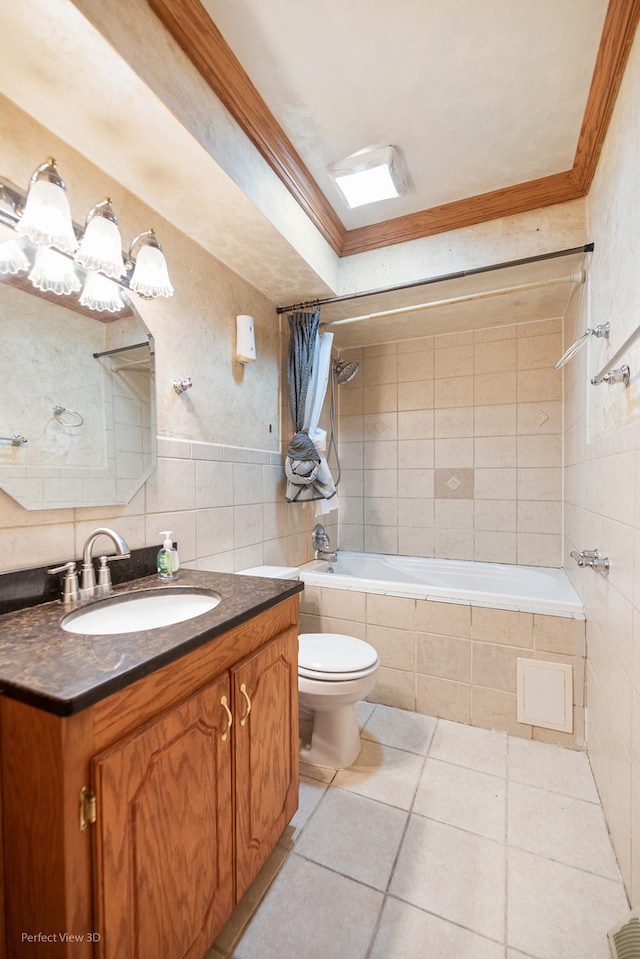 full bathroom featuring shower / tub combo, ornamental molding, vanity, tile walls, and tile patterned flooring