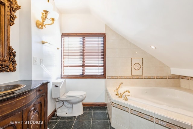 14557 W Ave, Orland Park, IL 60462 - bathroom featuring vaulted ceiling, a garden tub, toilet, baseboards, and vanity