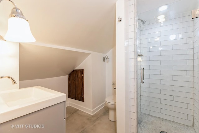 14557 W Ave, Orland Park, IL 60462 - full bath with a stall shower, toilet, vanity, vaulted ceiling, and baseboards