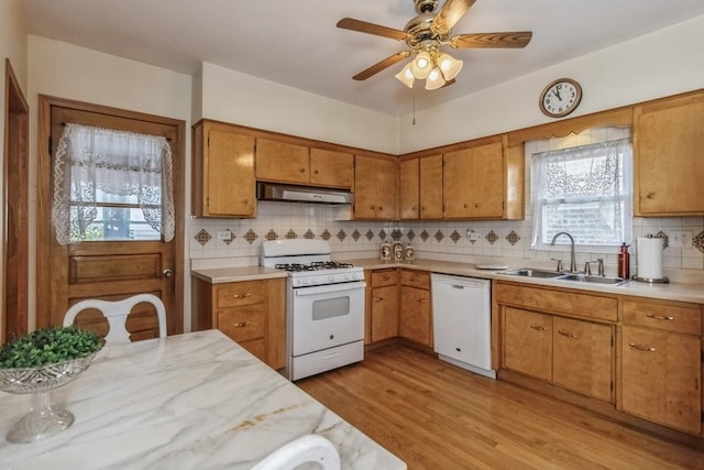 kitchen with decorative backsplash, white appliances, ventilation hood, light hardwood / wood-style flooring, and sink