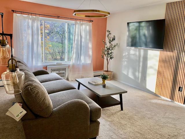 carpeted living room featuring a wall mounted air conditioner and a baseboard heating unit