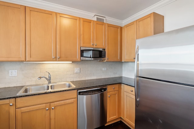 kitchen with ornamental molding, stainless steel appliances, decorative backsplash, and sink