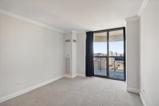 spare room featuring light carpet and ornamental molding