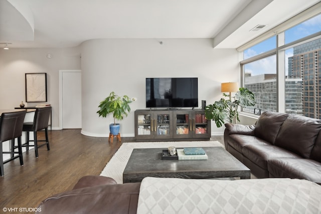 living room with dark hardwood / wood-style floors