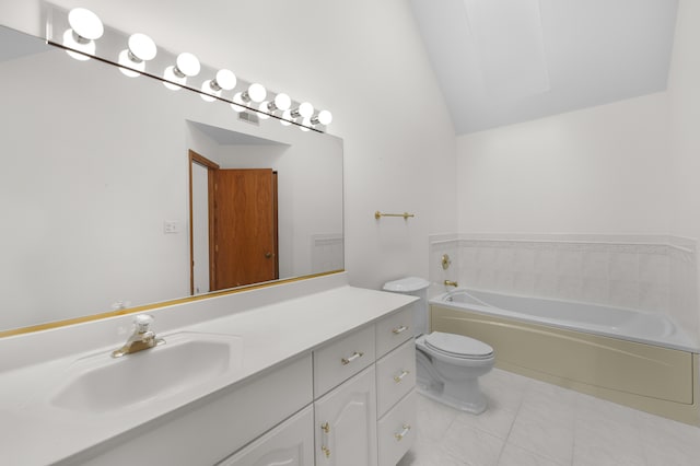 bathroom with a bathtub, lofted ceiling, tile patterned floors, vanity, and toilet