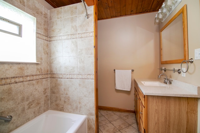 bathroom featuring tile patterned floors, shower / bathtub combination, vanity, and wood ceiling