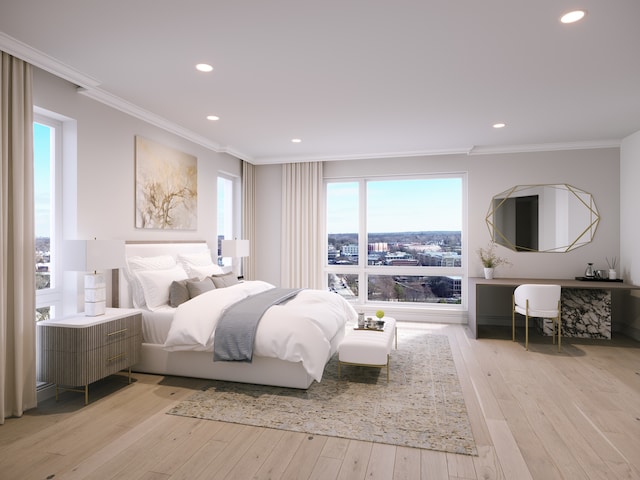 bedroom with ornamental molding and light wood-type flooring