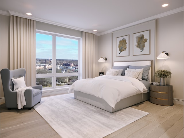 bedroom featuring light hardwood / wood-style floors and crown molding