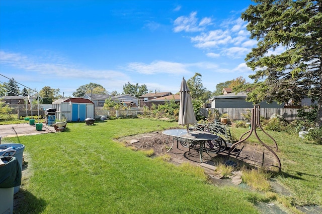 view of yard with a storage shed, an outbuilding, and a fenced backyard