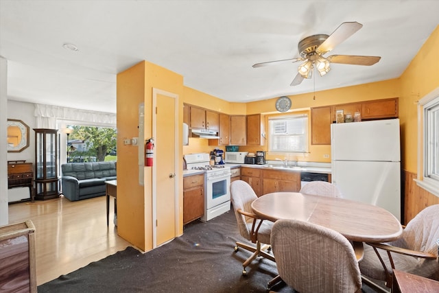 kitchen with white appliances, sink, and ceiling fan