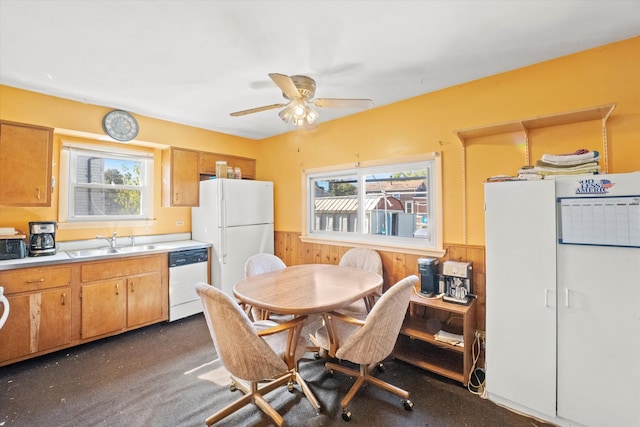 kitchen featuring wooden walls, sink, white appliances, and a wealth of natural light