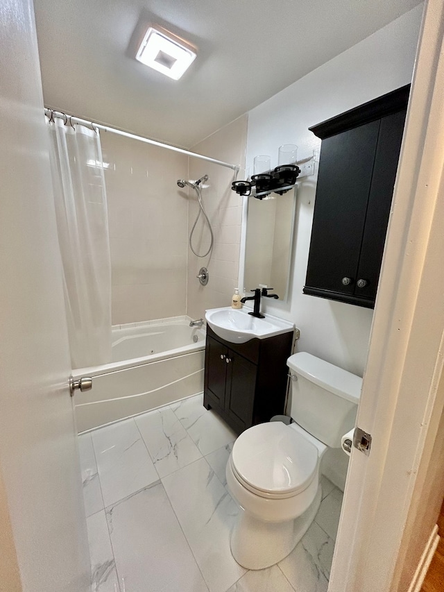 full bathroom with shower / tub combo, vanity, and toilet